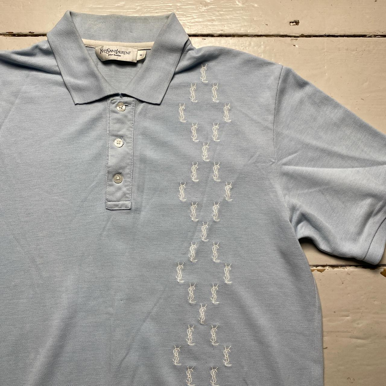 Yves Saint Laurent Vintage Light Blue and White Multi YSL Logo Polo Shirt