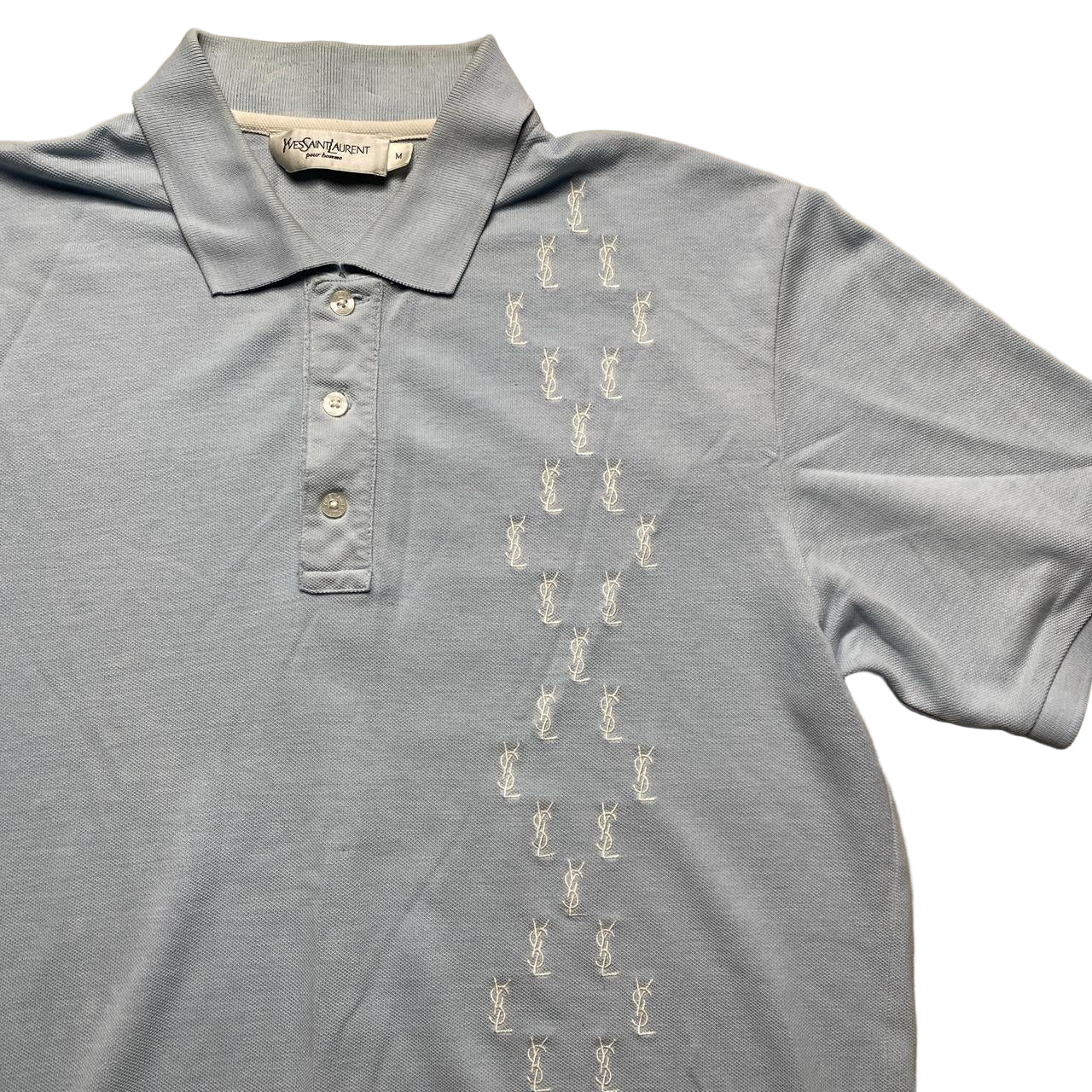 Yves Saint Laurent Vintage Light Blue and White Multi YSL Logo Polo Shirt (M)