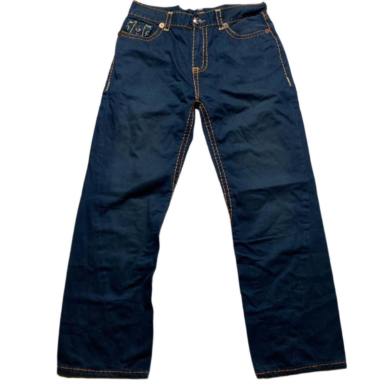 True Religion Joey Big Stitch Baggy Navy Orange and Yellow Jeans (34W)