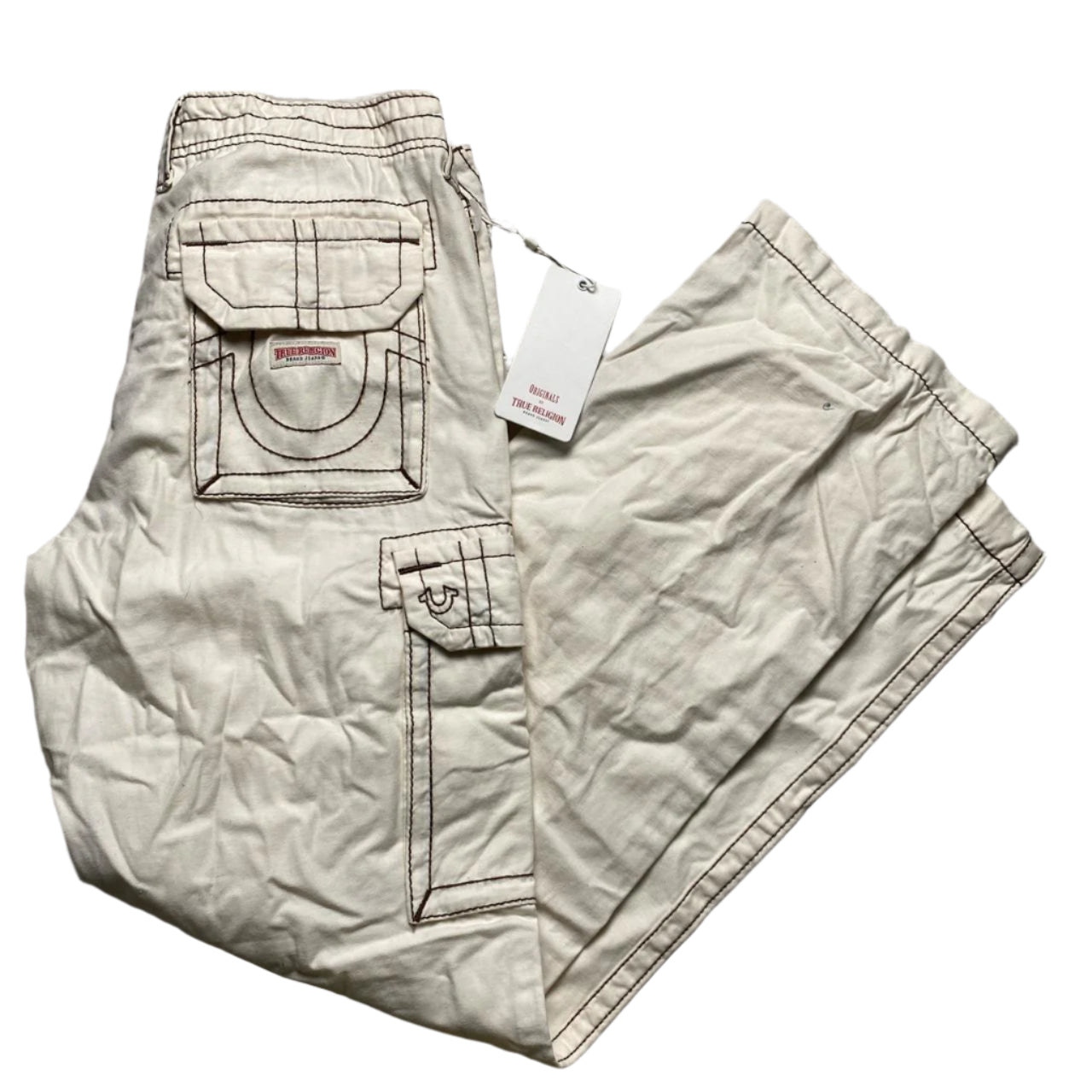 True Religion Baggy Cream and Brown Embroidery Cargo Trousers (28W)