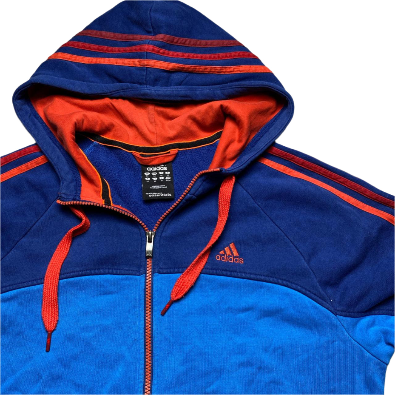 Adidas Performance Essentials Blue Two Tone Orange Red Stripes Hoodie (M)