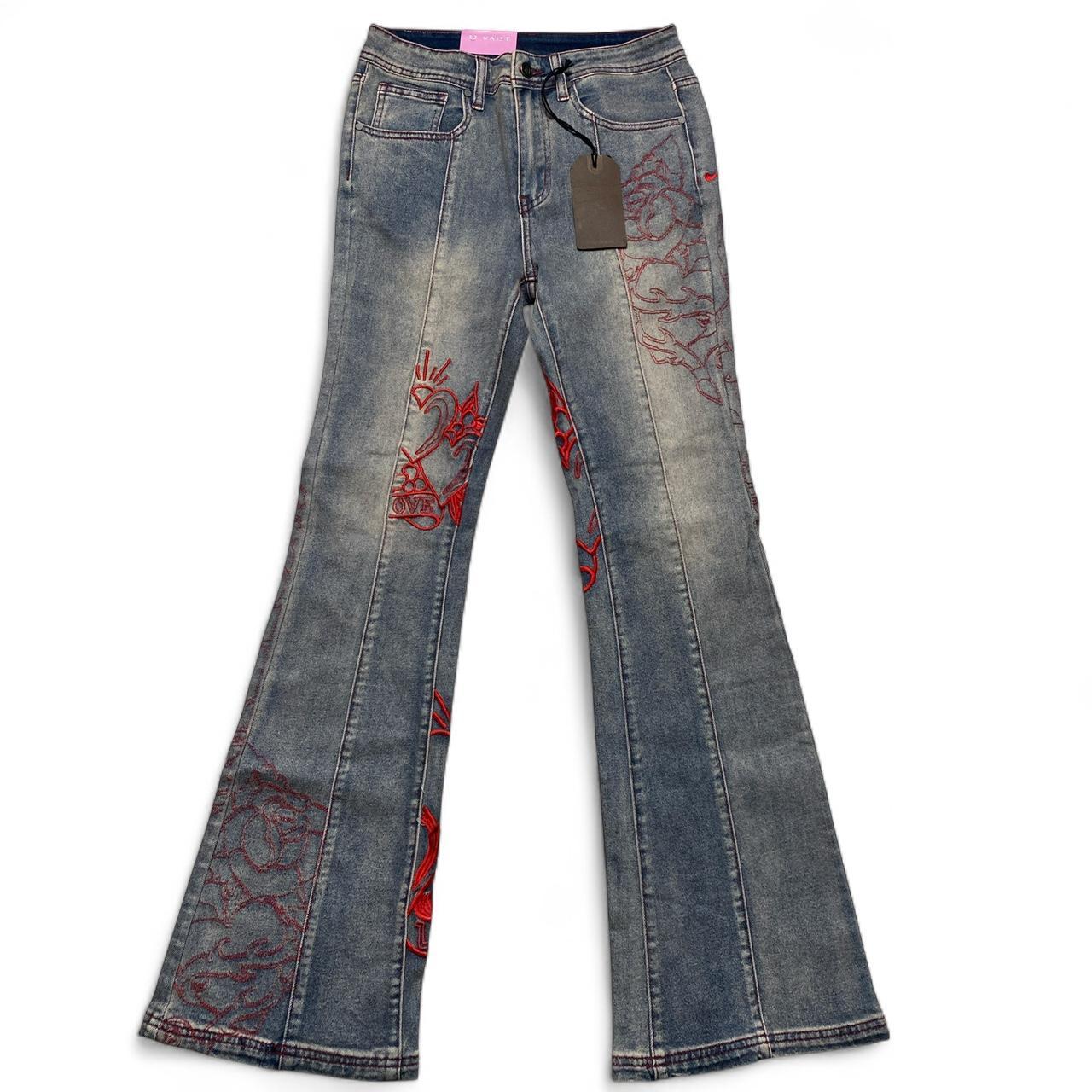 Ed Hardy y2k Light Blue Stonewashed Red Embroidery Love Flared Womens Jeans (27W)