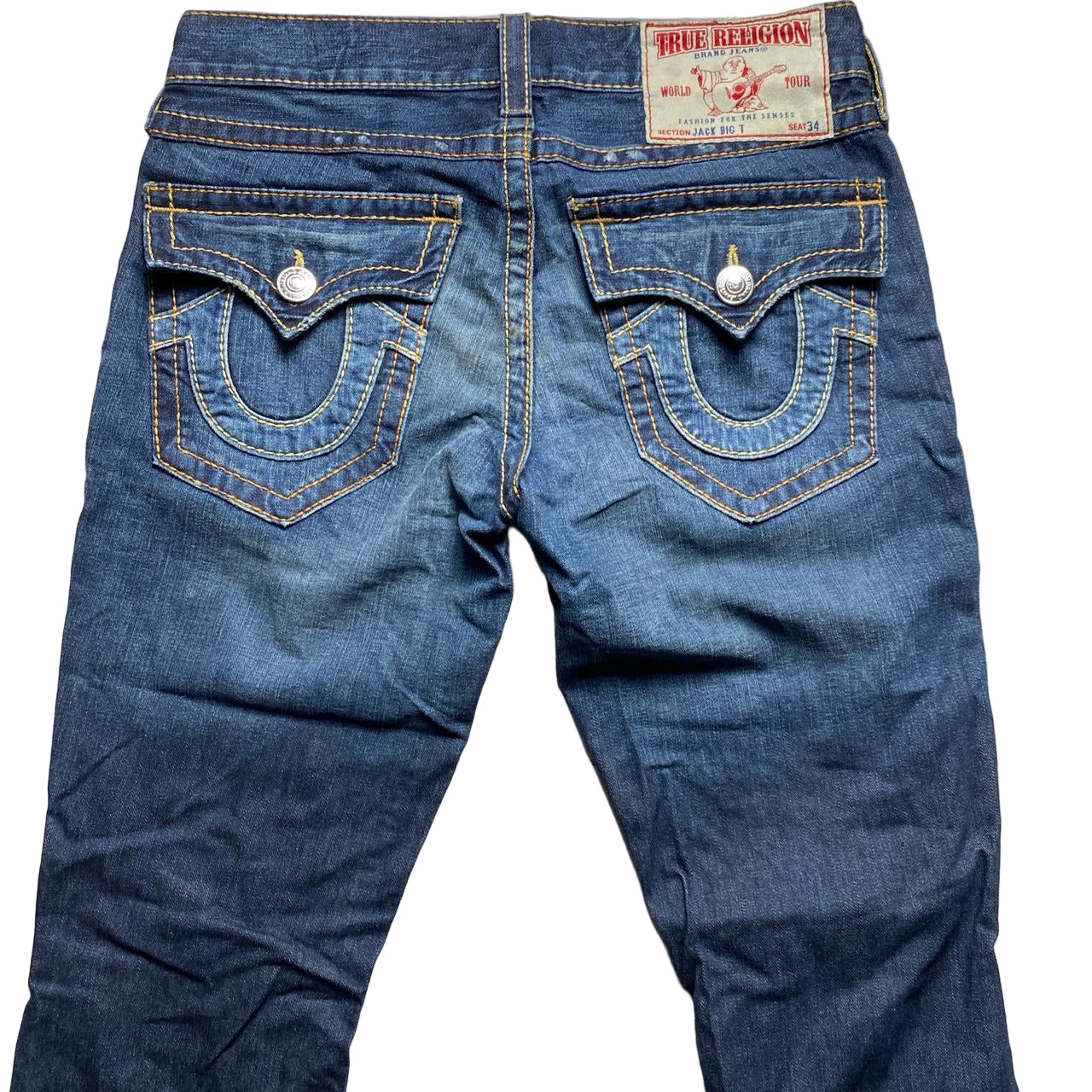 True Religion Jack Big T Navy and Gold Yellow Stitch Jeans (32W)