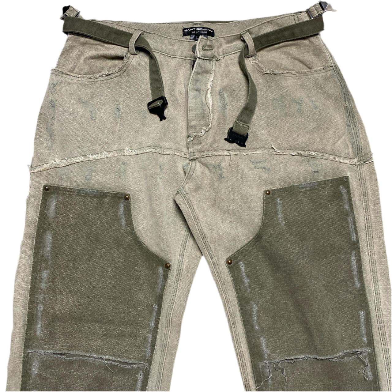 Saint Giovanni De La Mode Green Distressed Double Knee Denim Carpenter Cargo Jeans (W 36)