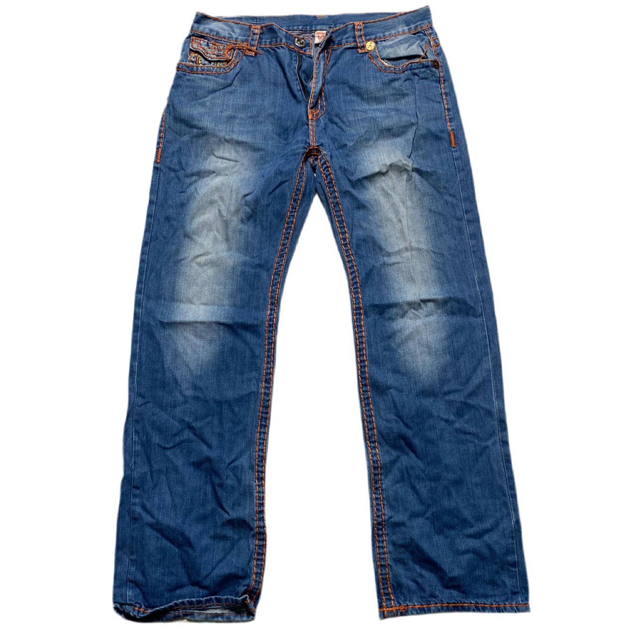 True Religion Joey Rainbow Stitch Orange and Blue Jeans (38W)