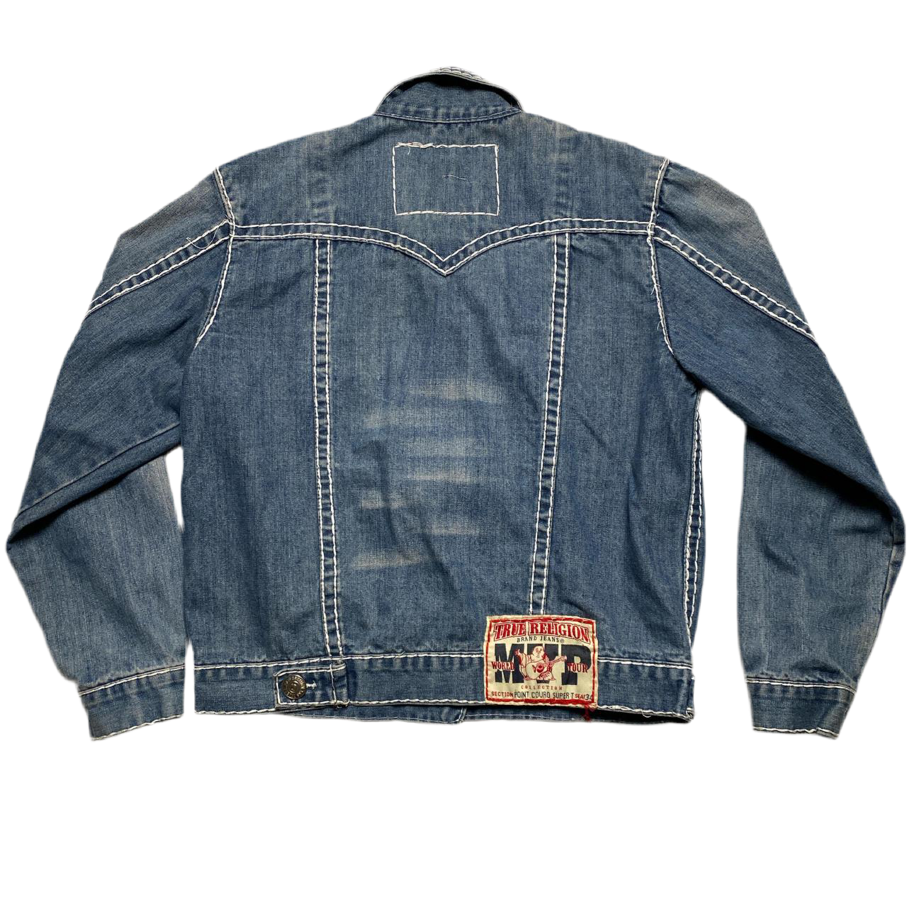 True Religion MVP Point Couro Super T Blue and White Stitch Denim Jacket (XL)