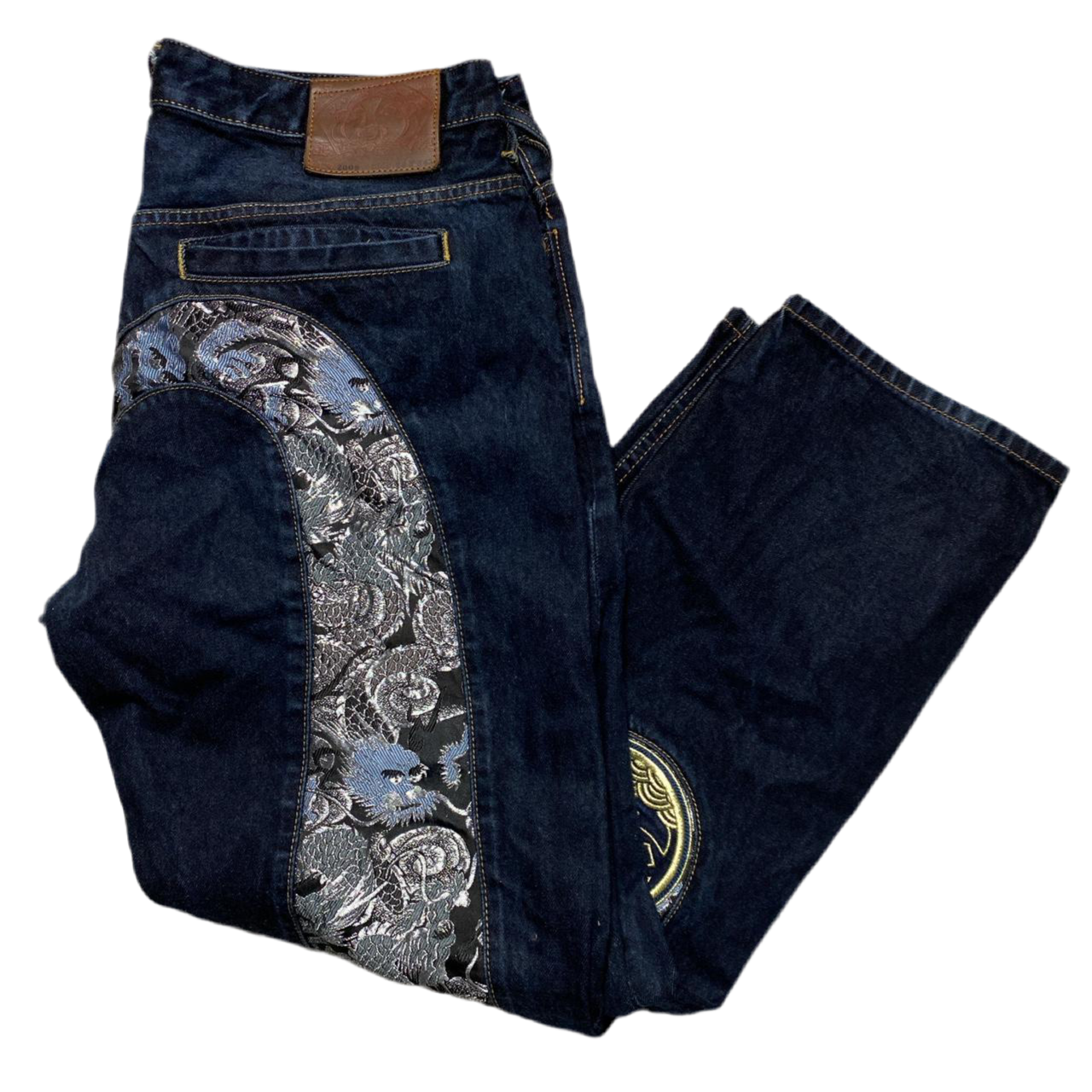 Evisu Big Daicock Swoosh Navy Gold and Silver Jeans (W 36)