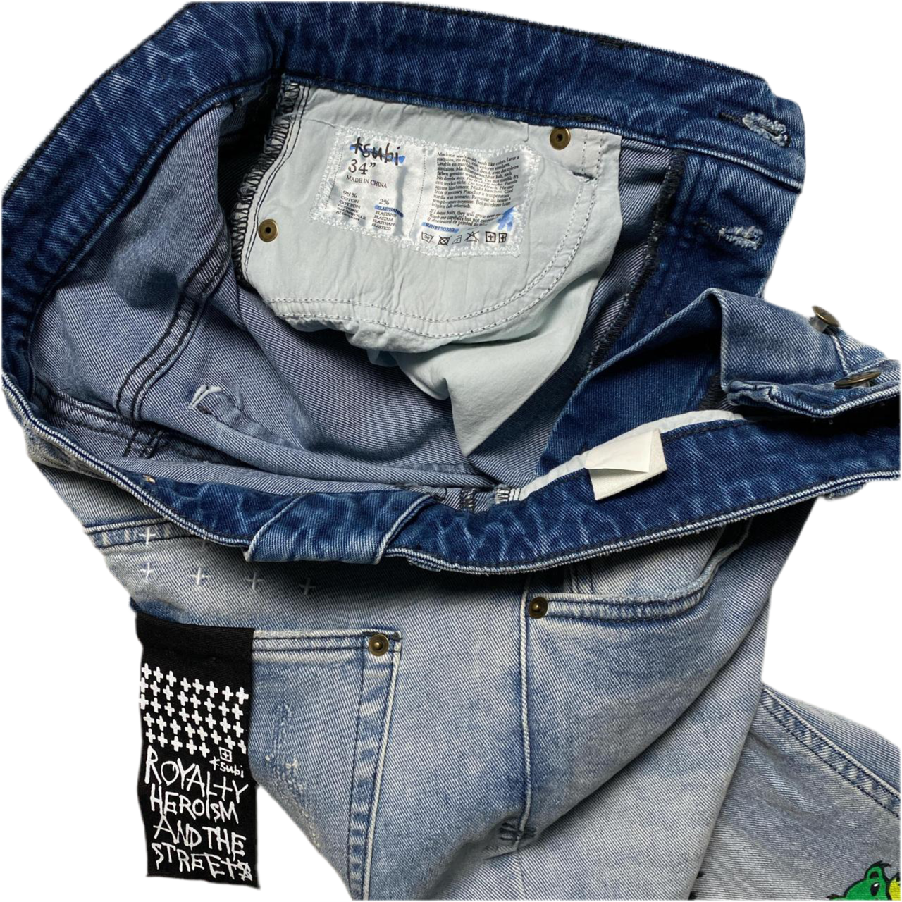 Ksubi Light Blue Custom AJ Tracey Revenge Grateful Dead Slim Distressed Jeans (W 34)