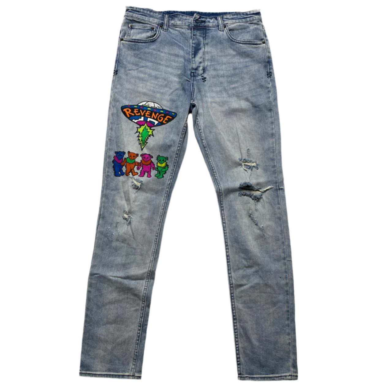 Ksubi Light Blue Custom AJ Tracey Revenge Grateful Dead Slim Distressed Jeans (W 34)
