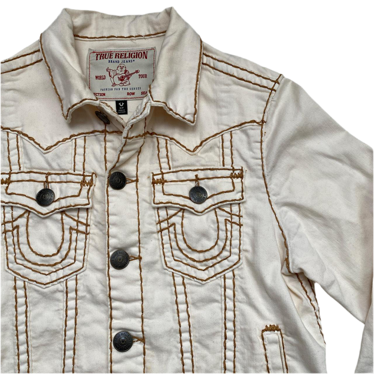 True Religion Cream and Golden Brown Stitch Denim Jacket (S)