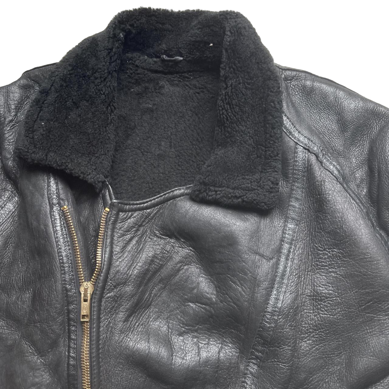 Real Sheepskin Sherling Leather Duffle Bomber Coat Black (L)