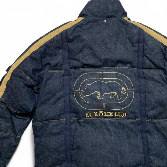 Ecko UNLTD Vintage Denim Navy and Brown Embroidery Puffer Jacket (L)