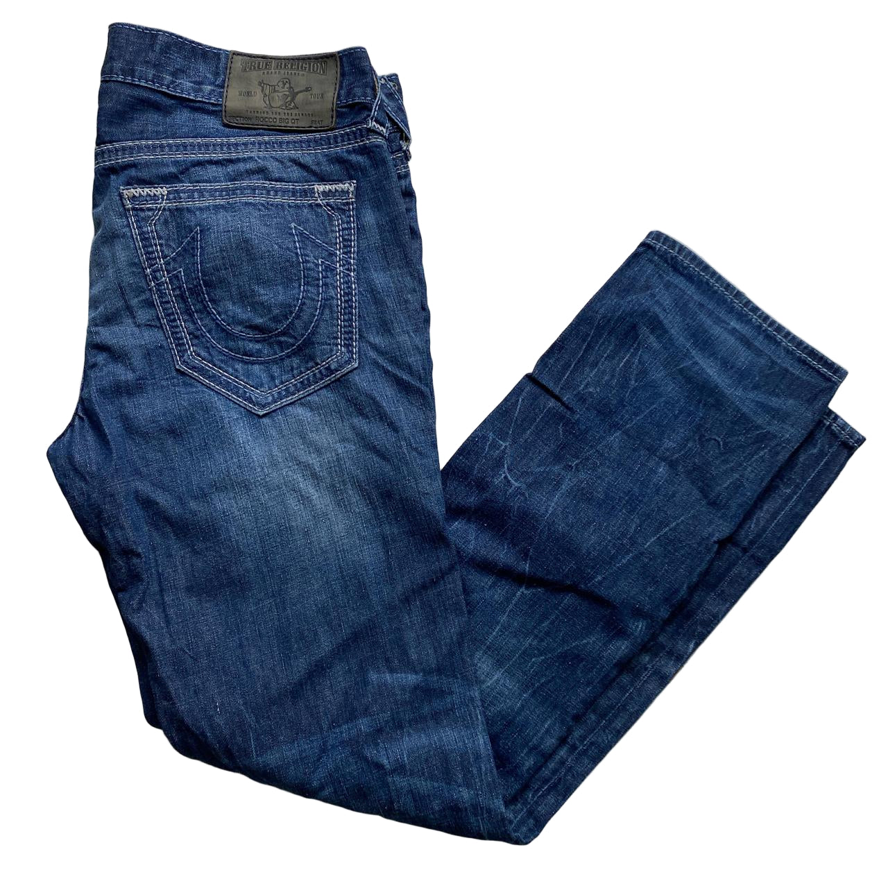 True Religion Rocco Big QT White Stitch Navy Jeans (36W)