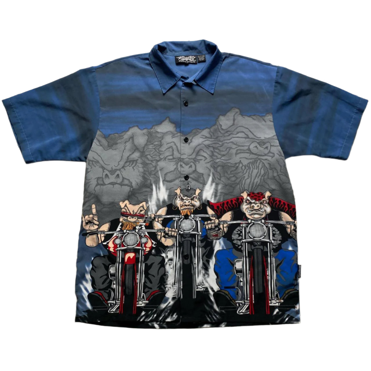 Y2K Pig Bikers Cartoon Animated Short Sleeve Silk Shirt (XL)