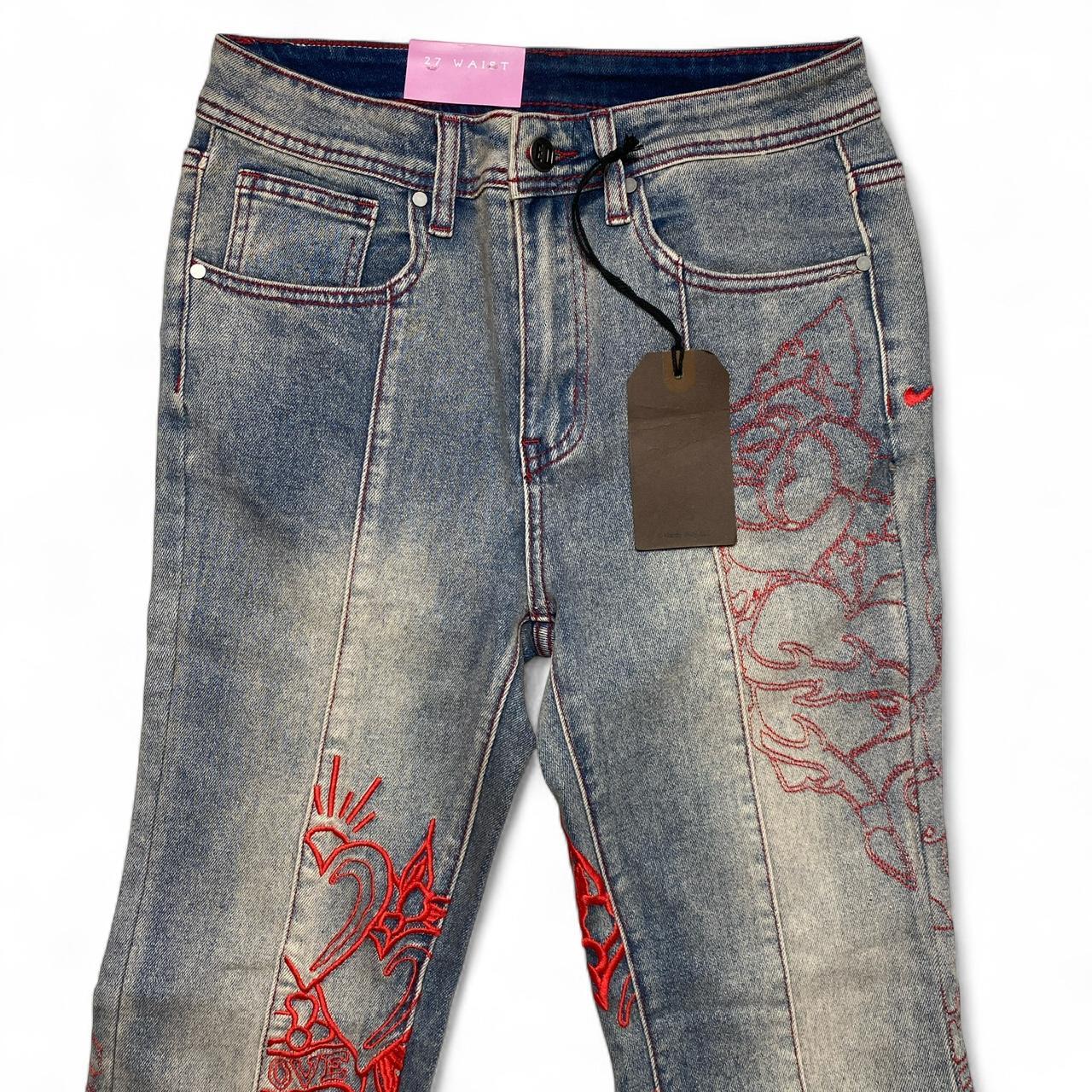 Ed Hardy y2k Light Blue Stonewashed Red Embroidery Love Flared Womens Jeans (27W)
