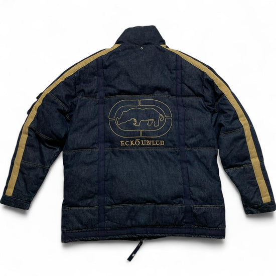 Ecko UNLTD Vintage Denim Navy and Brown Embroidery Puffer Jacket (L)
