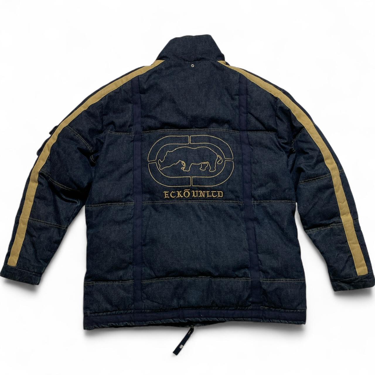 Ecko UNLTD Vintage Denim Navy and Brown Embroidery Puffer Jacket (L)