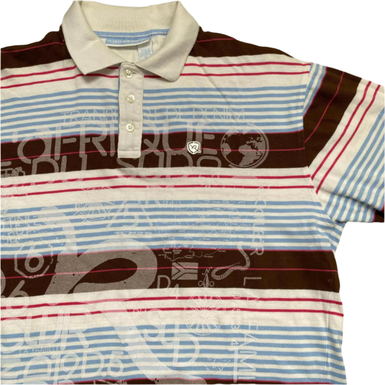 Rocawear Vintage Striped Brown White Baby Blue and Pink Polo Shirt (S)
