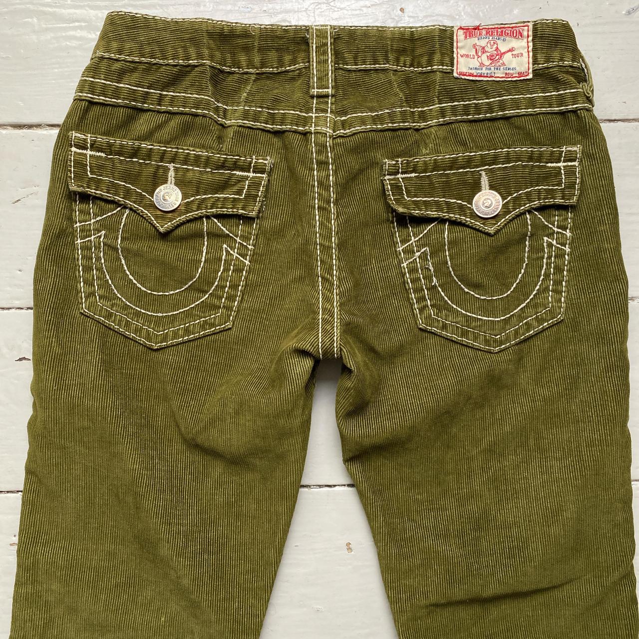 True Religion Joey Big T Big Stitch Olive Green and White Corduroy Flared Jeans