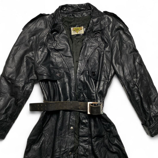 Phase2 Black 70’s. 80’s vintage Leather Long Trench Coat (M)