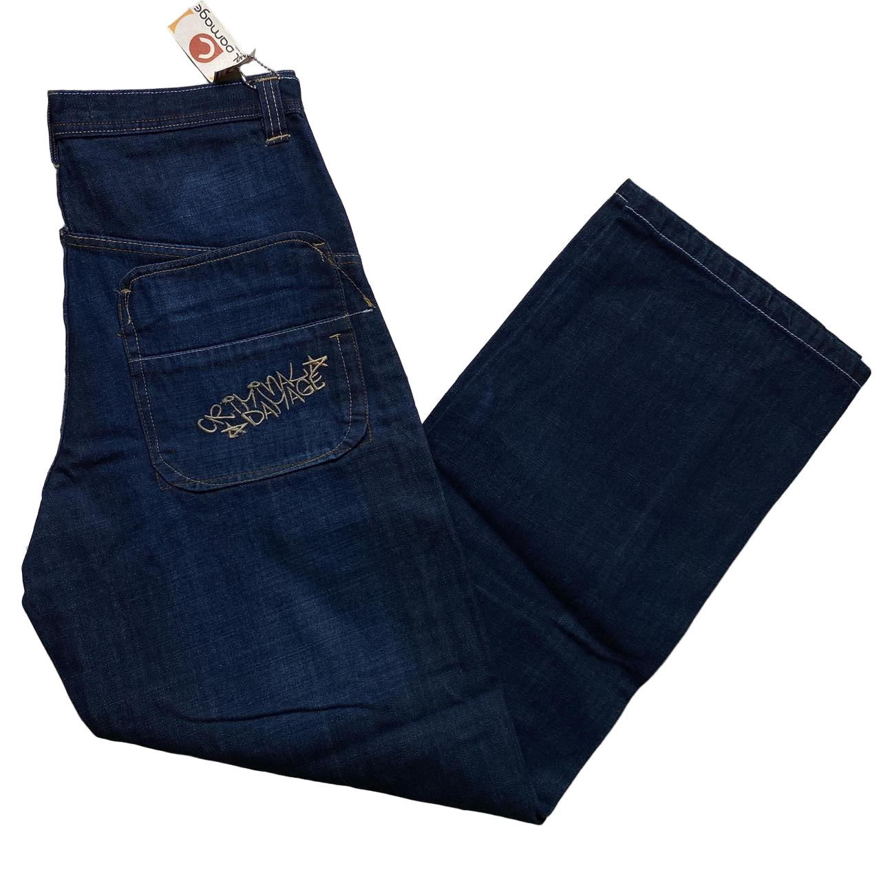 Criminal Damage Baggy Carpenter Graffiti Navy and Cream Embroidery Jeans (34W)