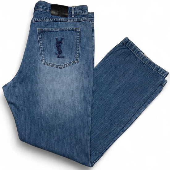 Yves Saint Laurent YSL Navy Embroidered Light Blue Baggy Distressed Jeans (40W)