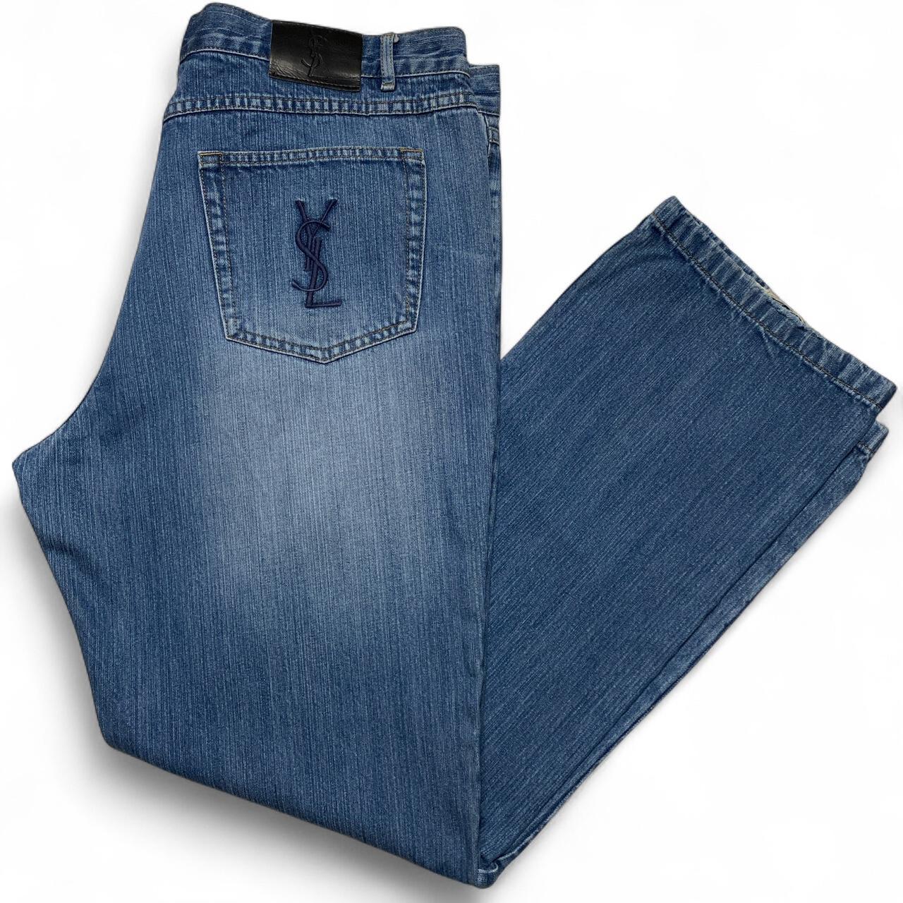 Yves Saint Laurent YSL Navy Embroidered Light Blue Baggy Distressed Jeans (40W)