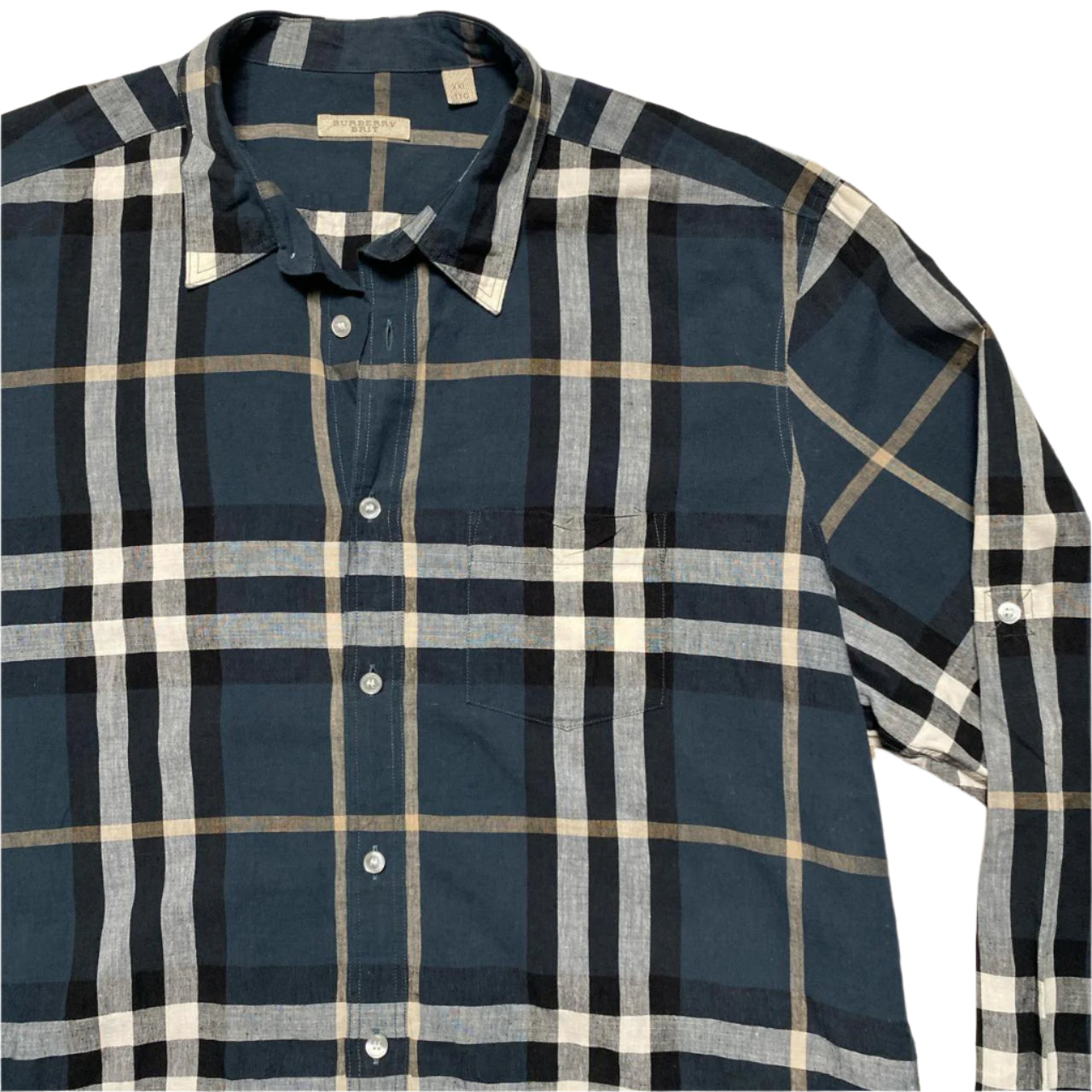 Burberry Brit Nova Check Navy Black White and Cream Long Sleeve Shirt (2XL)
