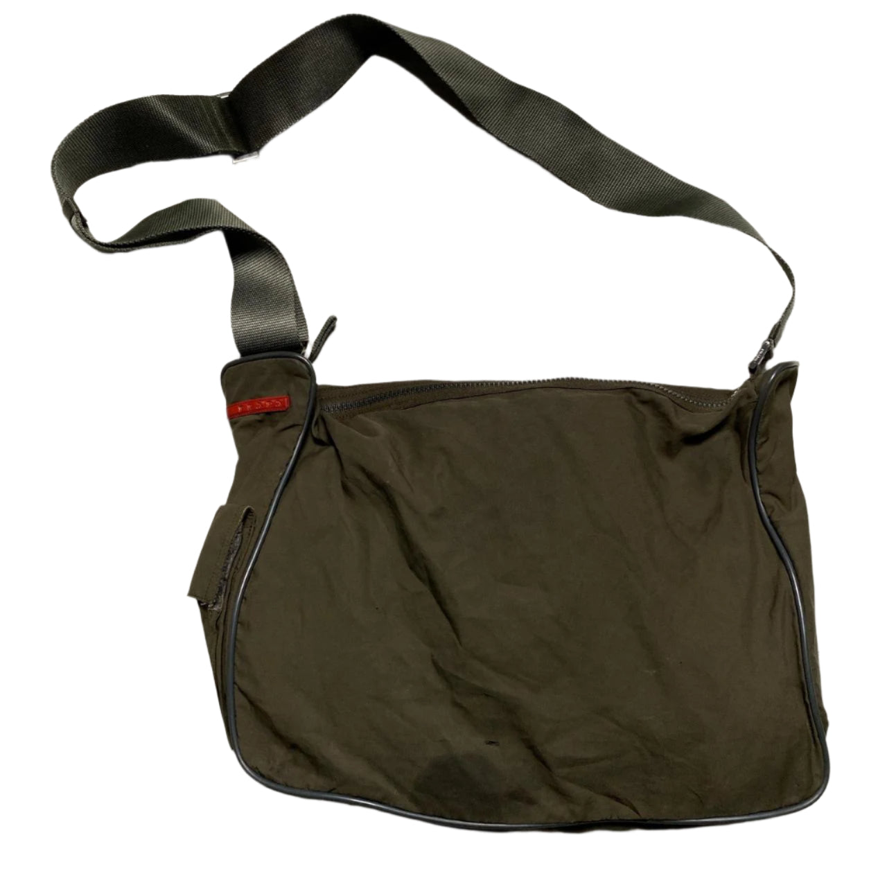 Prada Sport Vintage Nylon Messenger Bag Khaki Olive Green Red Strip