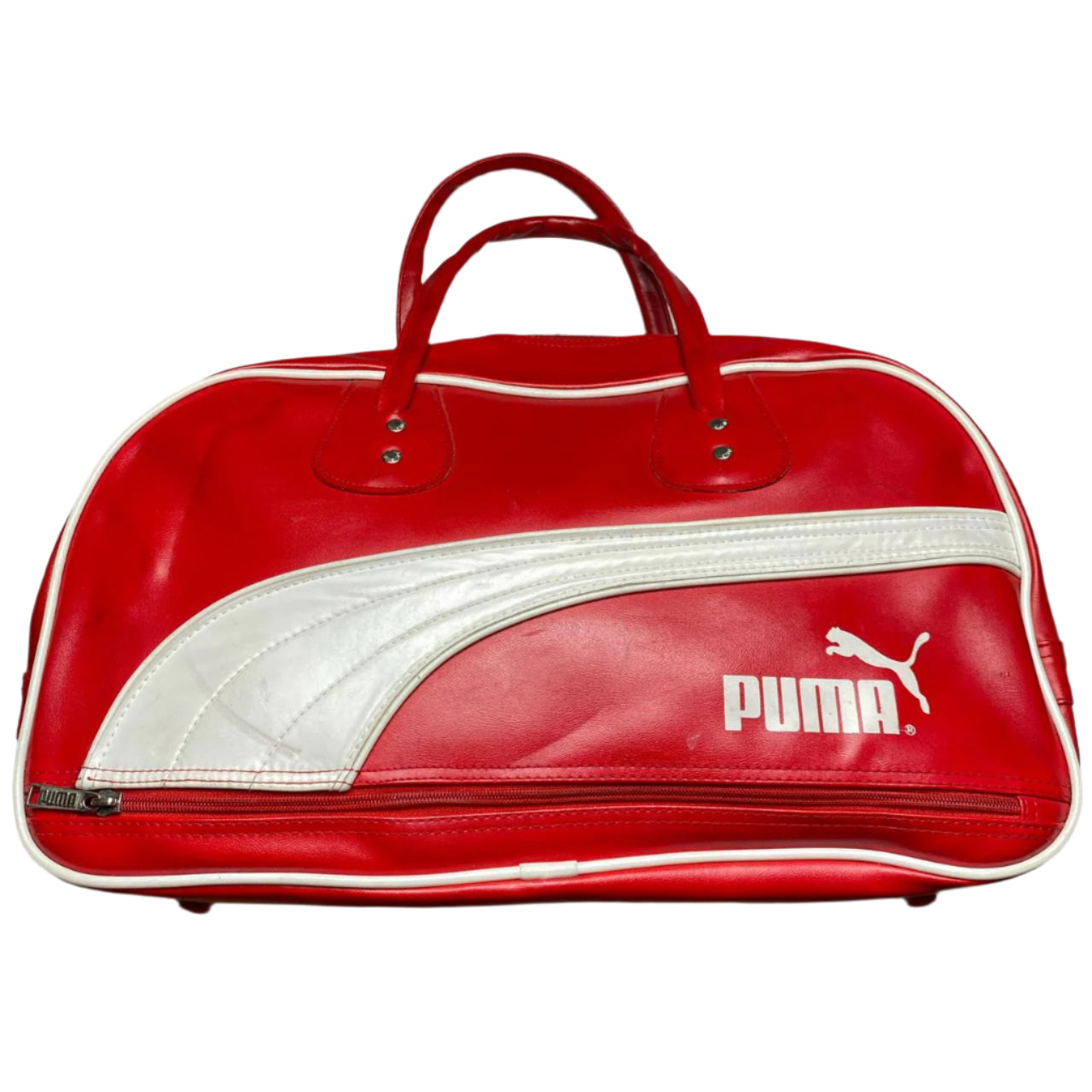 Puma Vintage Red and White Leather Duffle Travel Bag