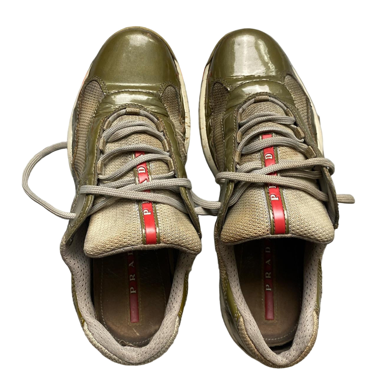 Prada Americas Cup Vintage Khaki Patent and Grey Low Trainers (UK 5.5)