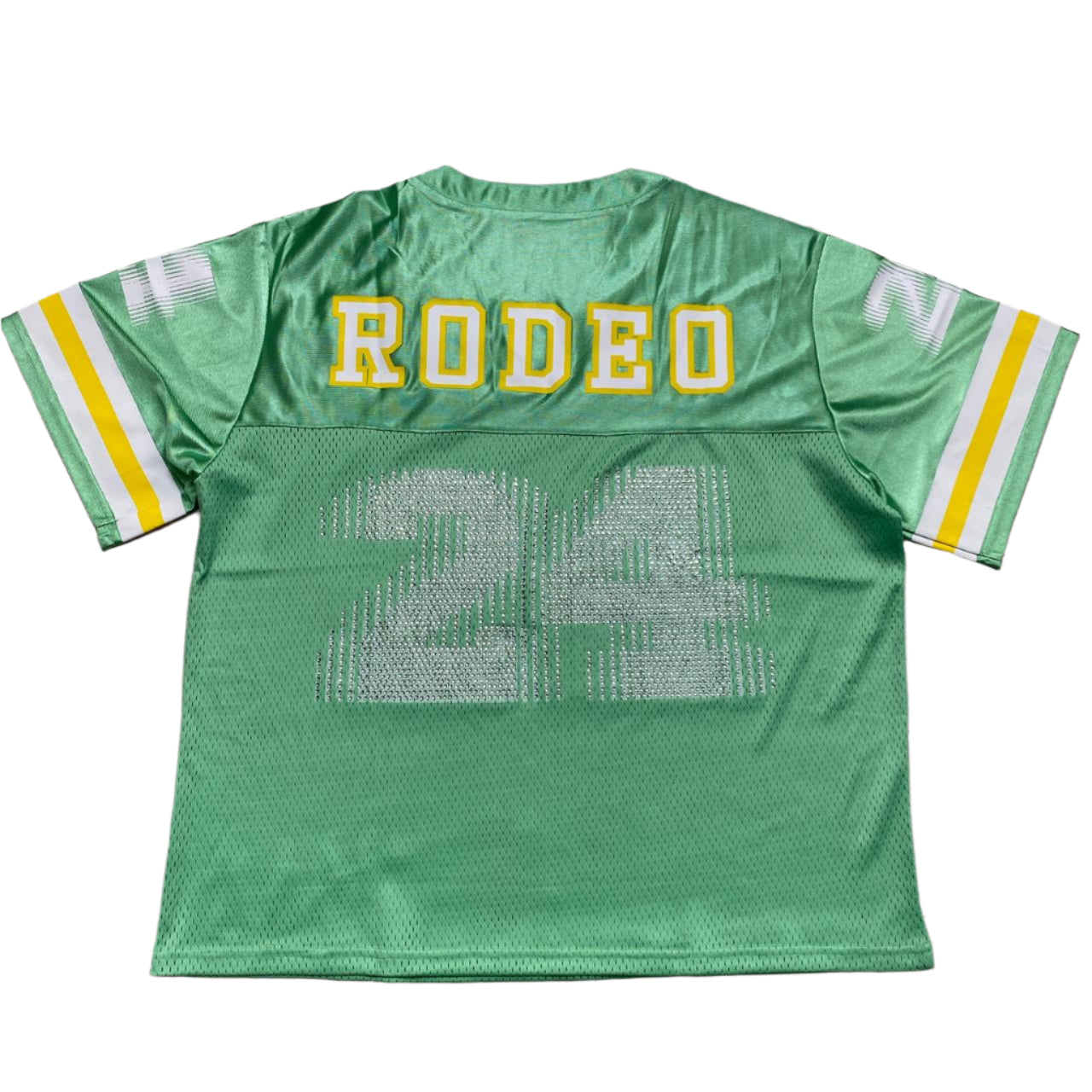 Rodeo Warehouse Green Yellow and White Diamante Rhinestone NFL Football Womens Oversized Jersey (L)