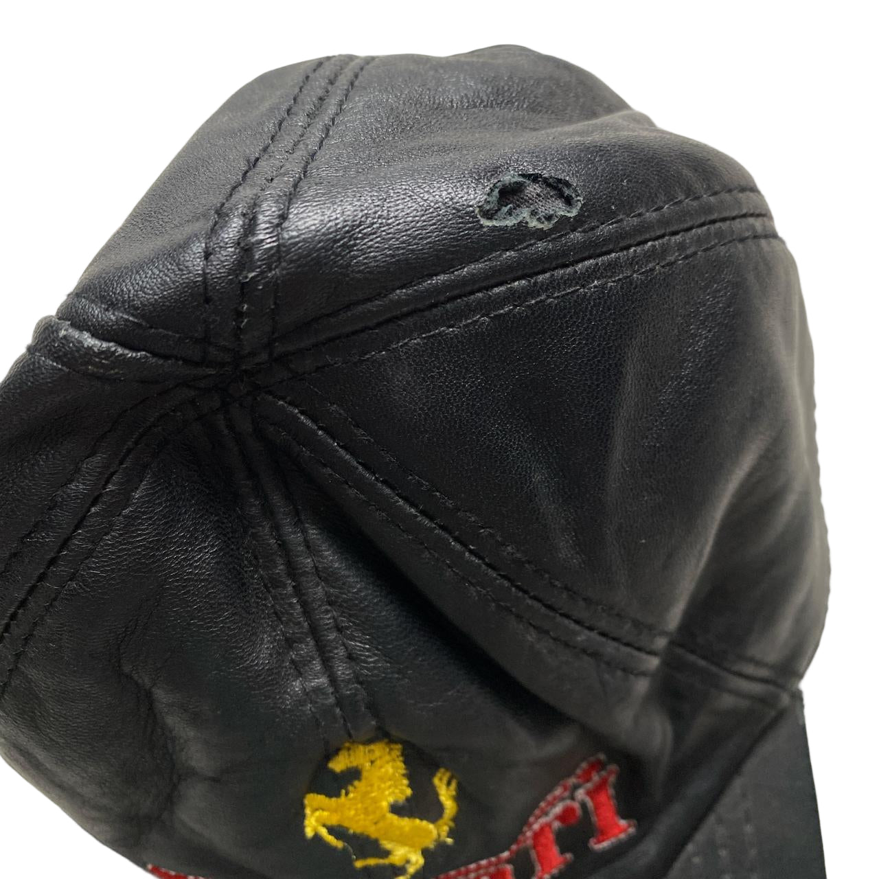 Ferrari Vintage Leather Racing Cap Black Yellow and Red