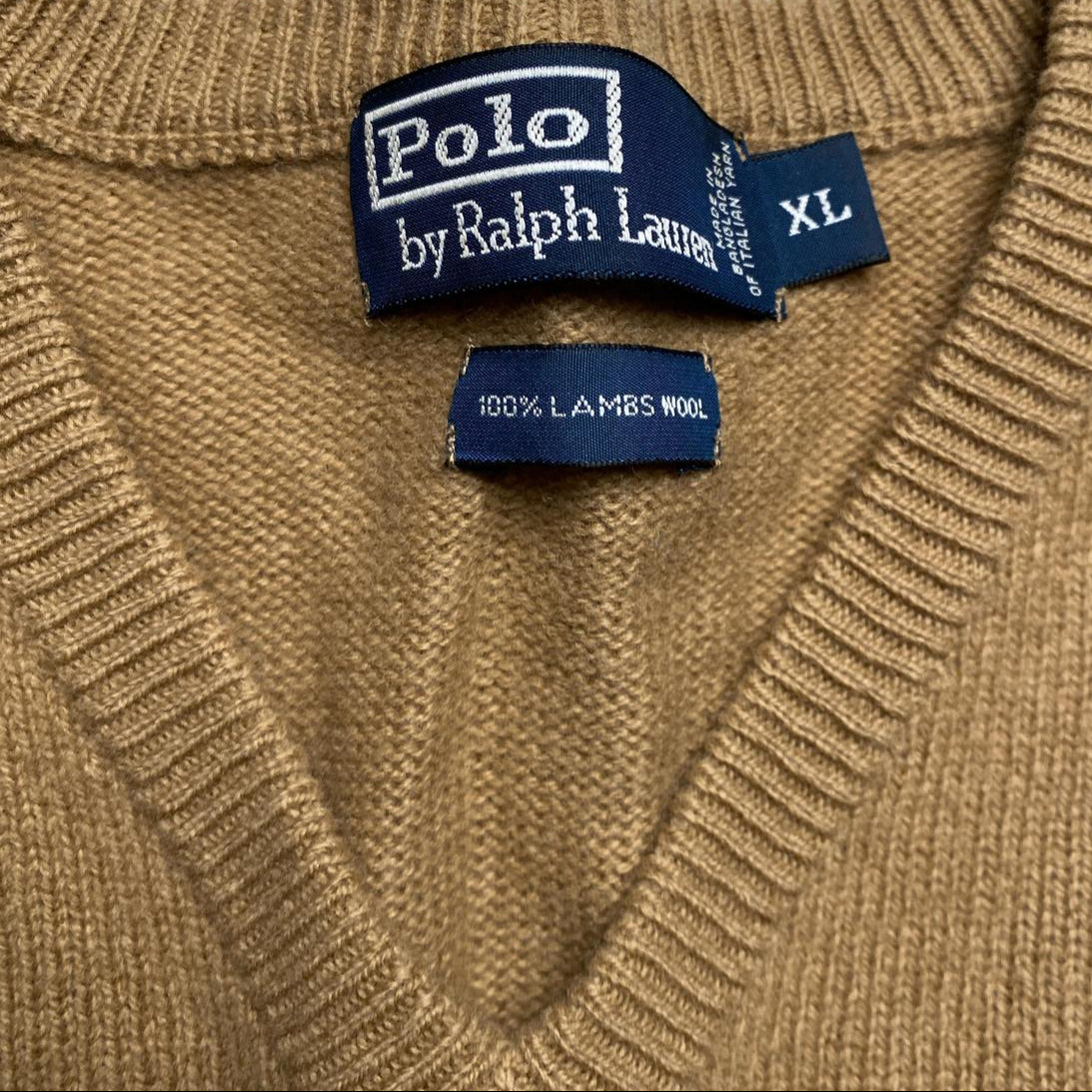 Ralph Lauren Polo Lambs Wool Brown V Neck Jumper (XL)