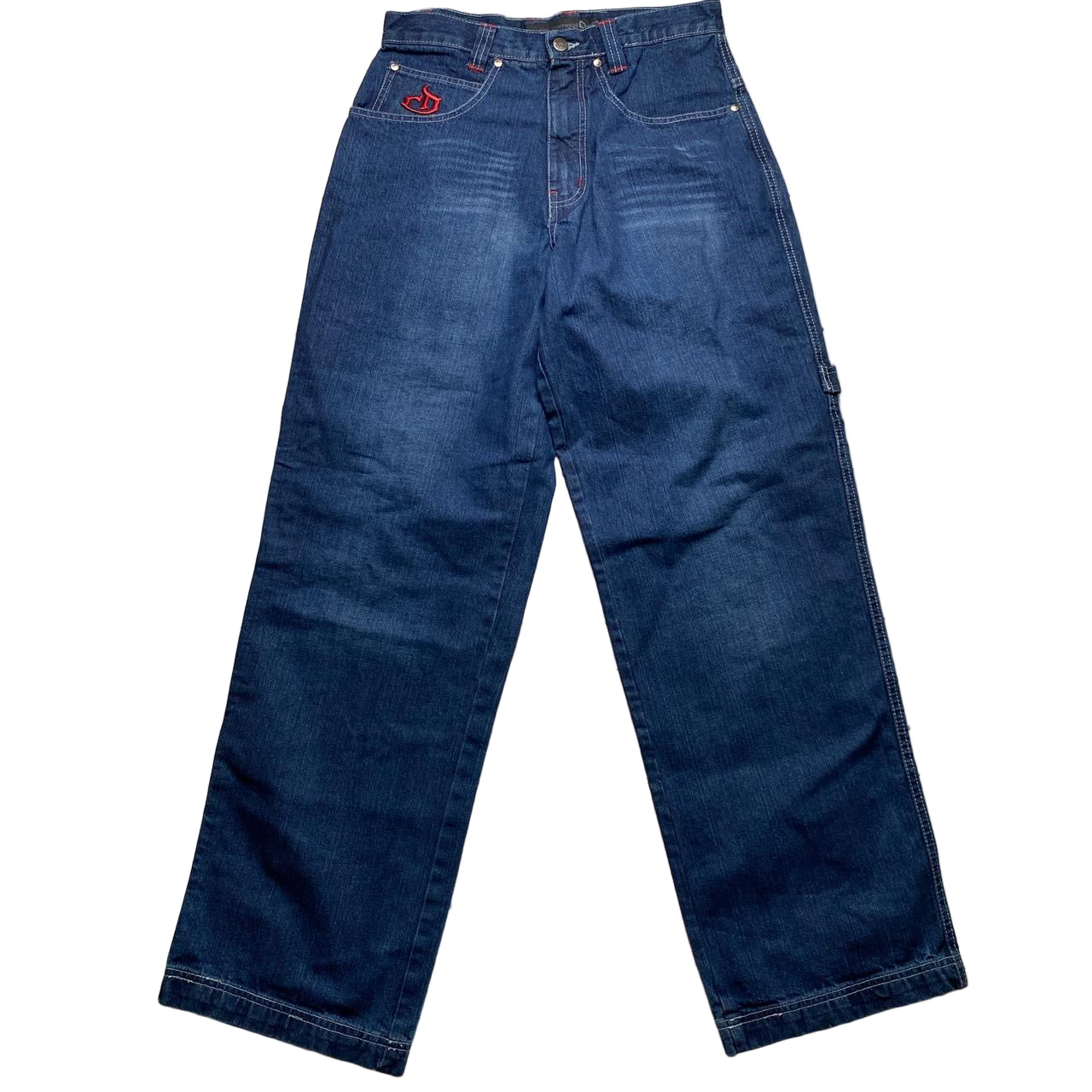 Criminal Damage Vintage Baggy Carpenter Cargo Embroidery Navy and Red Jeans (28W)