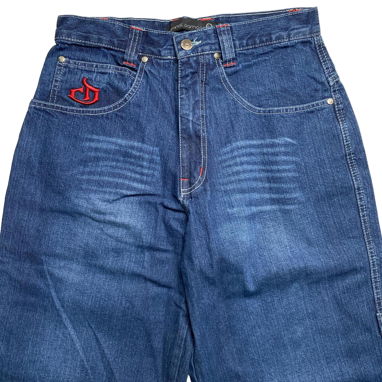 Criminal Damage Baggy Carpenter Jeans Navy and Red Embroidery (28W)