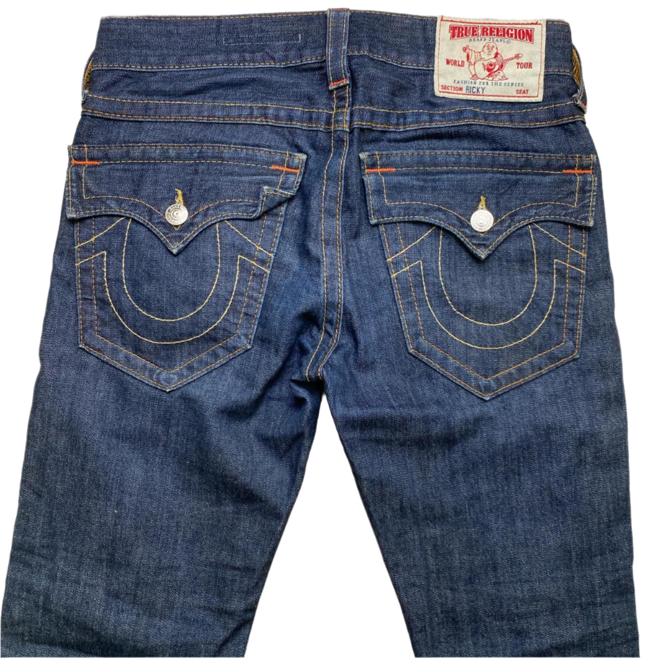 True Religion Ricky Navy and Gold Stitch Straight Baggy Jeans (30W)