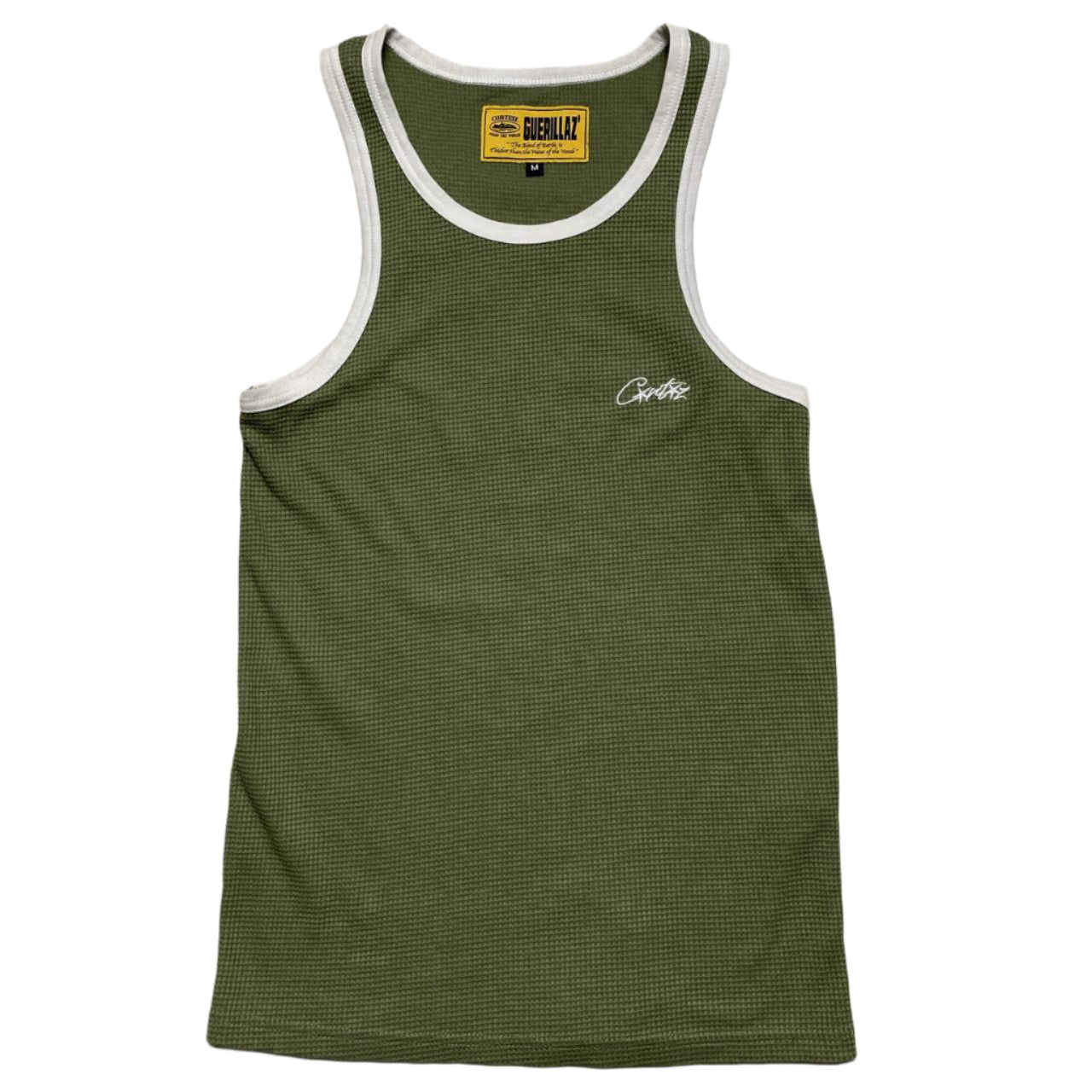 Corteiz Khaki Green and White Tank Top Vest Dress Waffle Knit (M)