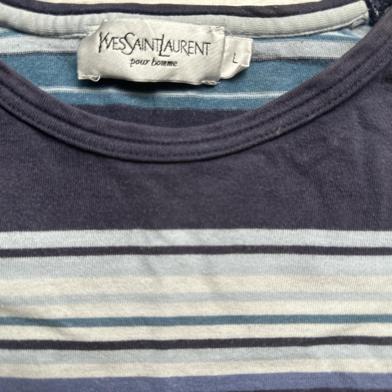 Yves Saint Laurent YSL Vintage Striped T Shirt Blue and White (L)