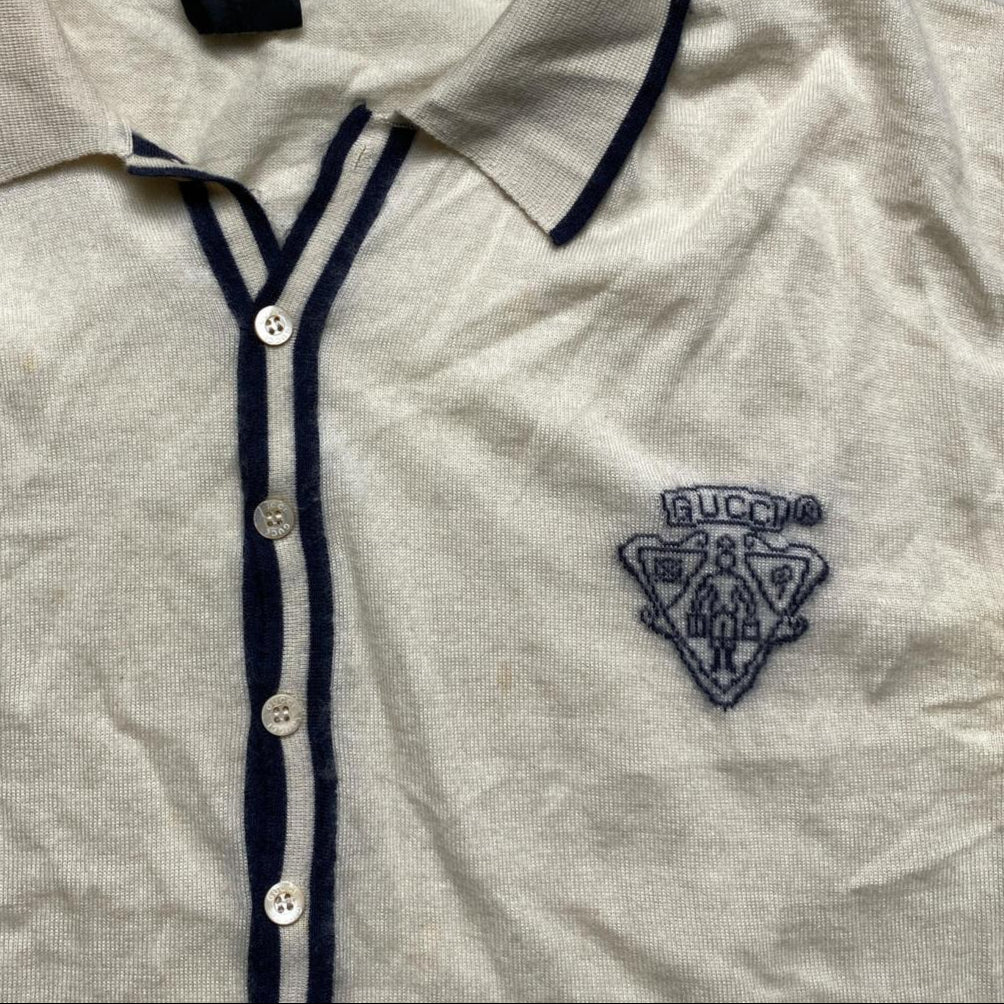 Gucci Vintage Cream and Navy Wool Polo Long Sleeve Jumper Shirt (L)