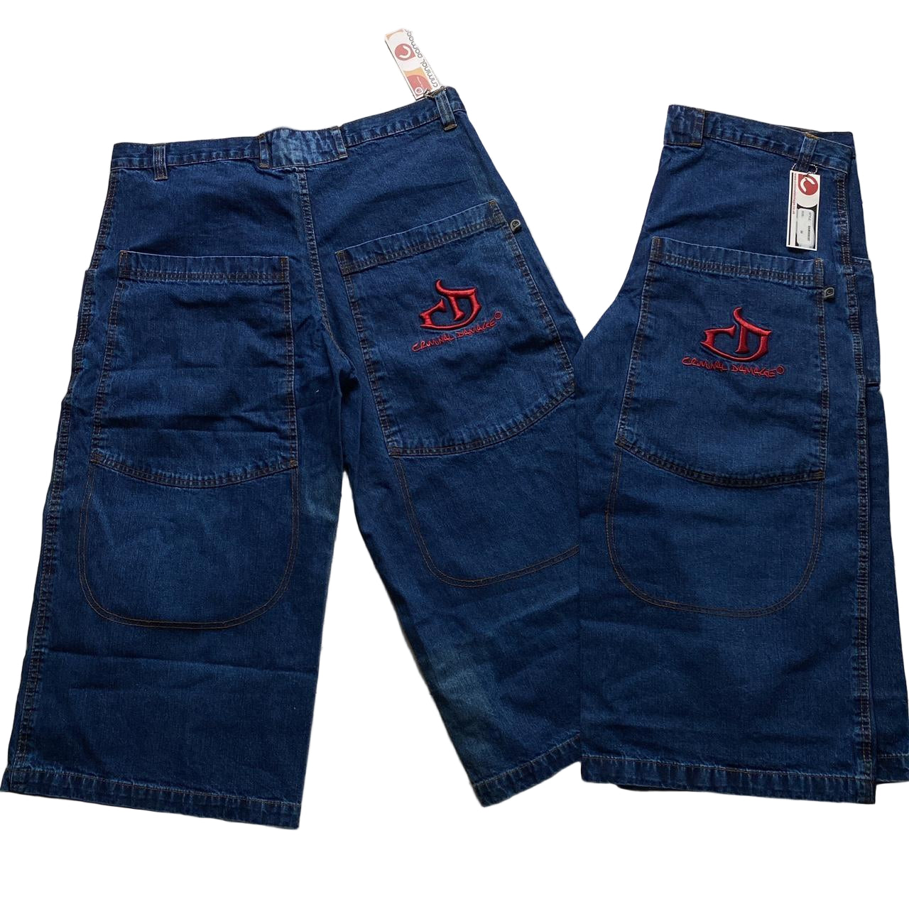 Criminal Damage Baggy Embroidered Navy and Red Jorts Jean Shorts (38W/40W)