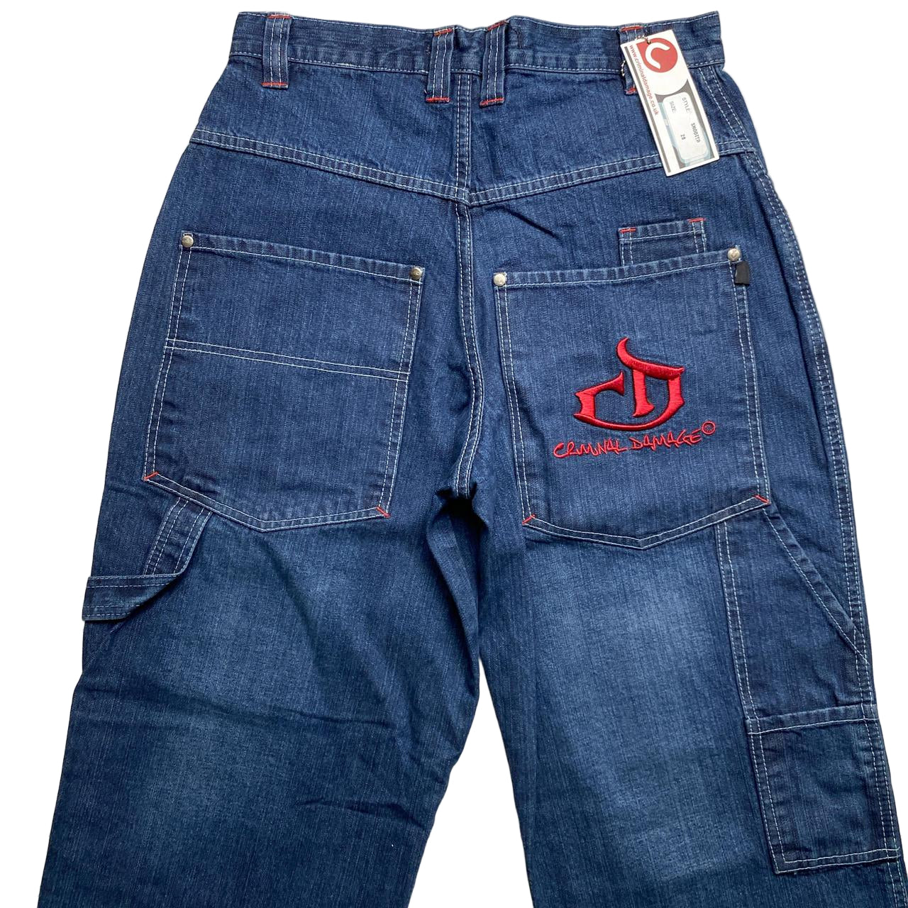 Criminal Damage Baggy Carpenter Jeans Navy and Red Embroidery (28W)