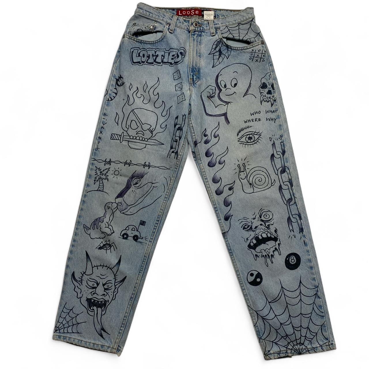 Levis Silver Tab Custom Hand Drawn Light Blue Baggy Jeans (28W)