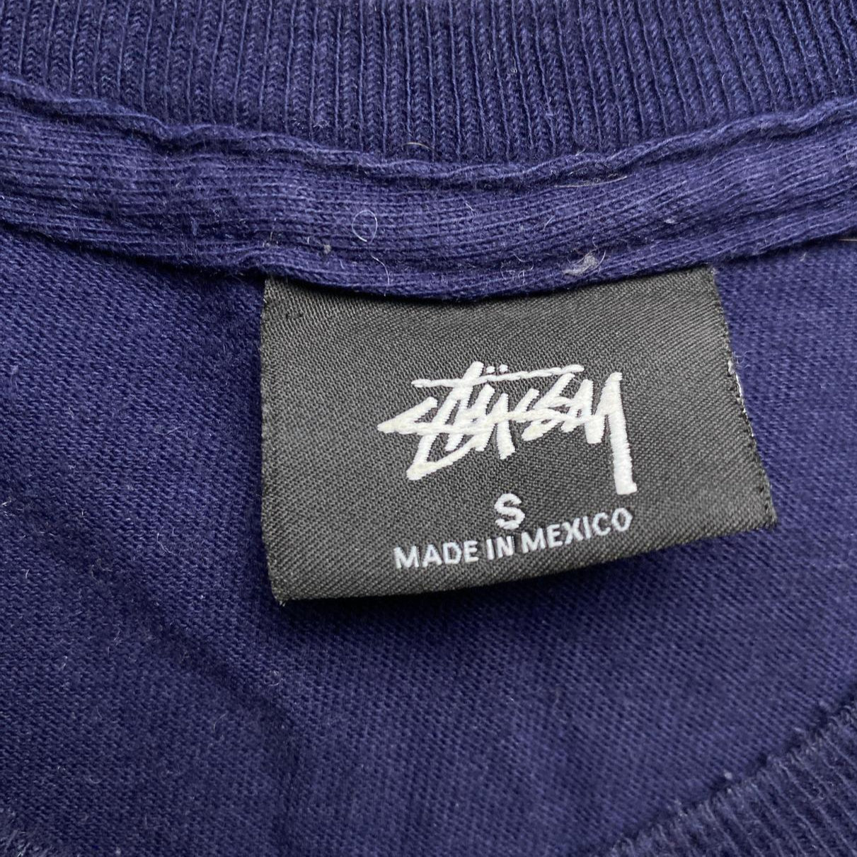 Stussy Navy and Cream White Long Sleeve T Shirt (S)