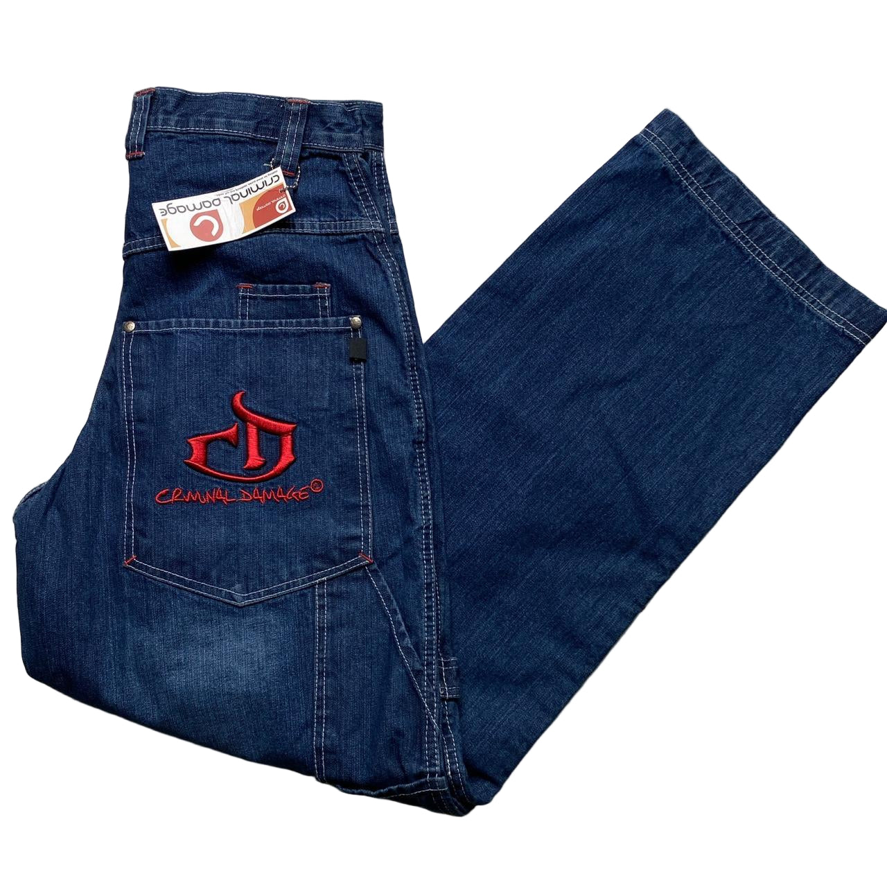 Criminal Damage Vintage Baggy Carpenter Cargo Embroidery Navy and Red Jeans (28W)