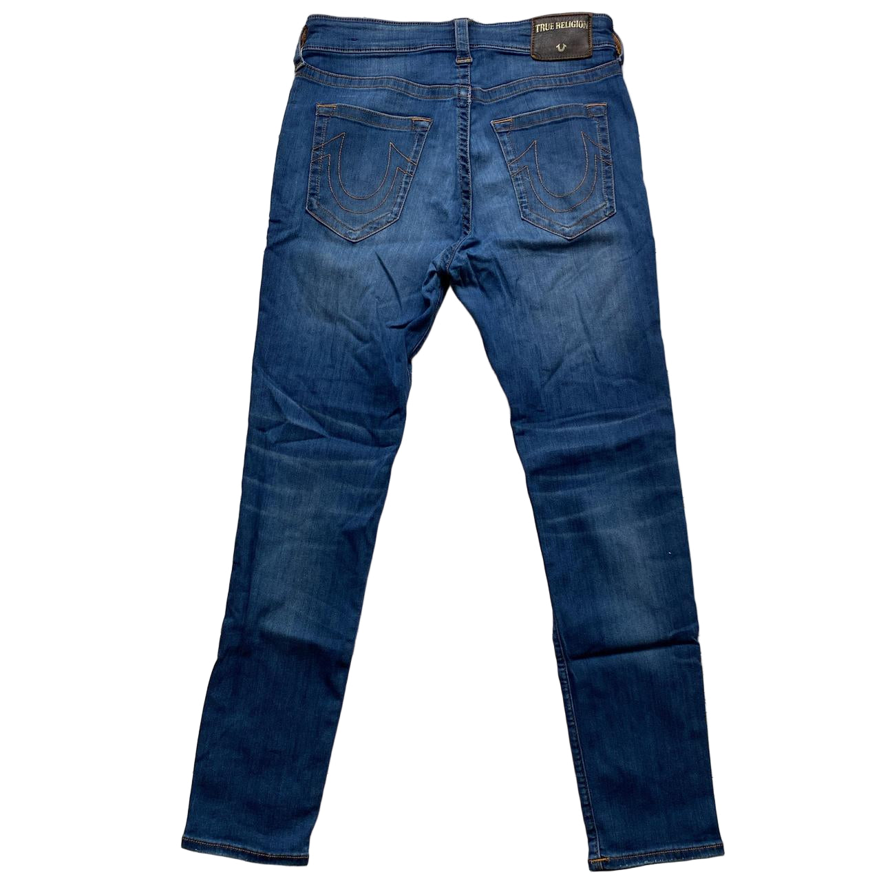 True Religion Jack Slim Blue and Gold Stitch Jeans (33W)