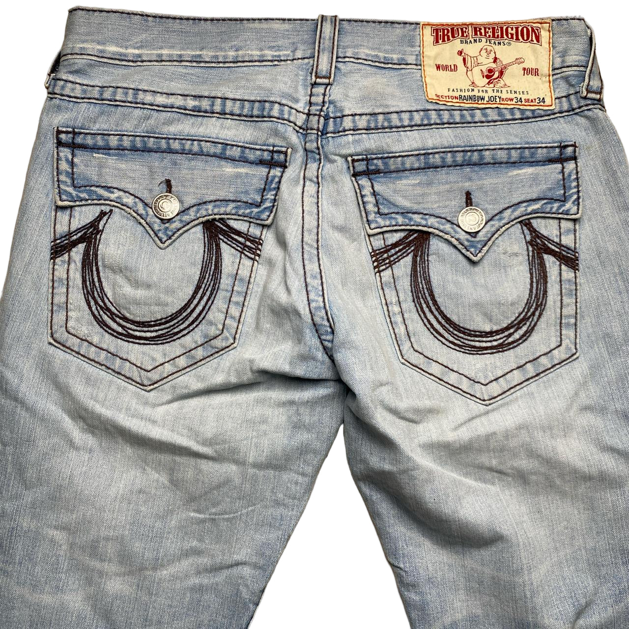True Religion Light Blue and Brown Stitch Rainbow Joey Jeans (34W)