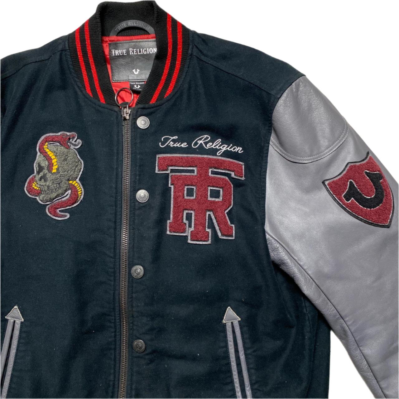True Religion Varsity Jacket Leather and Cotton Black and Red (XL)