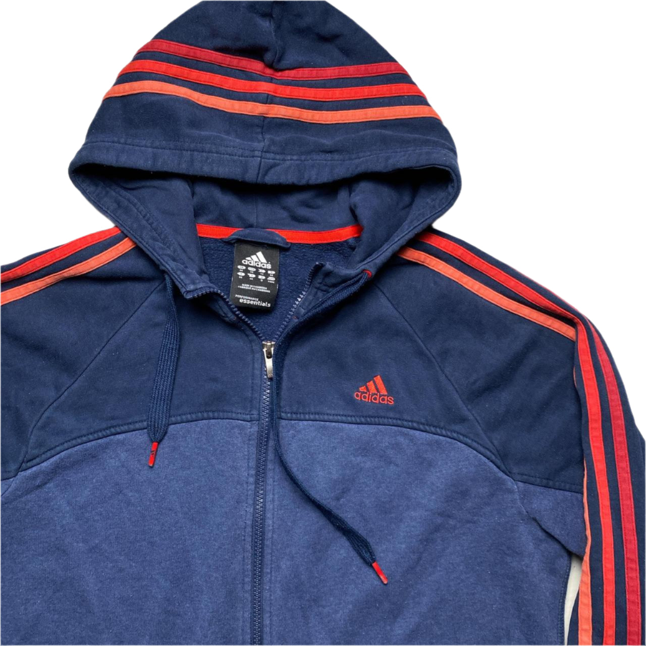 Adidas Performance Essentials Navy Two Tone Red and Orange Stripes Hoodie (M)