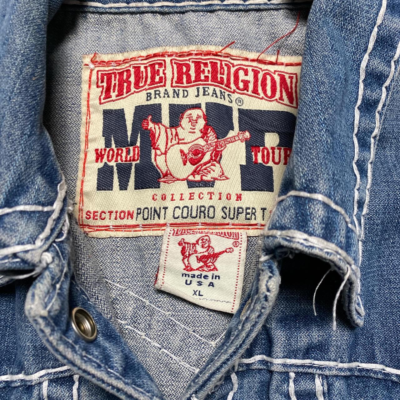 True Religion MVP Point Couro Super T Blue and White Stitch Denim Jacket (XL)